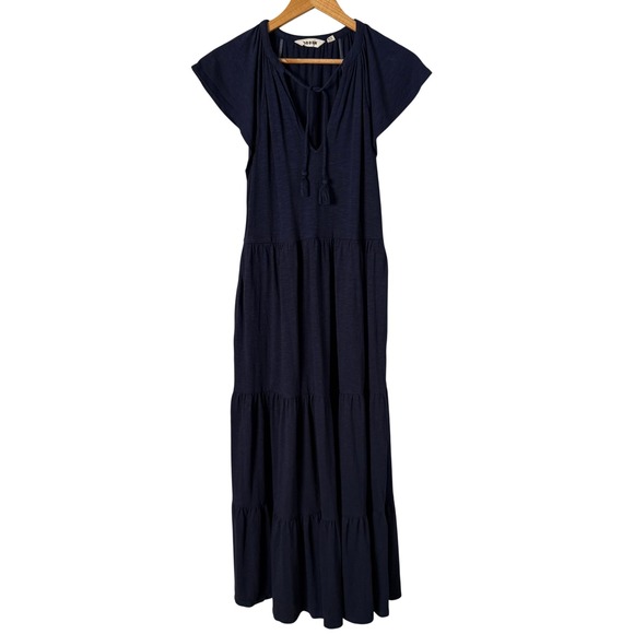 BODEN Navy Blue Tiered Midi Dress Flutter Sleeve Tie Neck, Size 8 - Picture 2 of 9